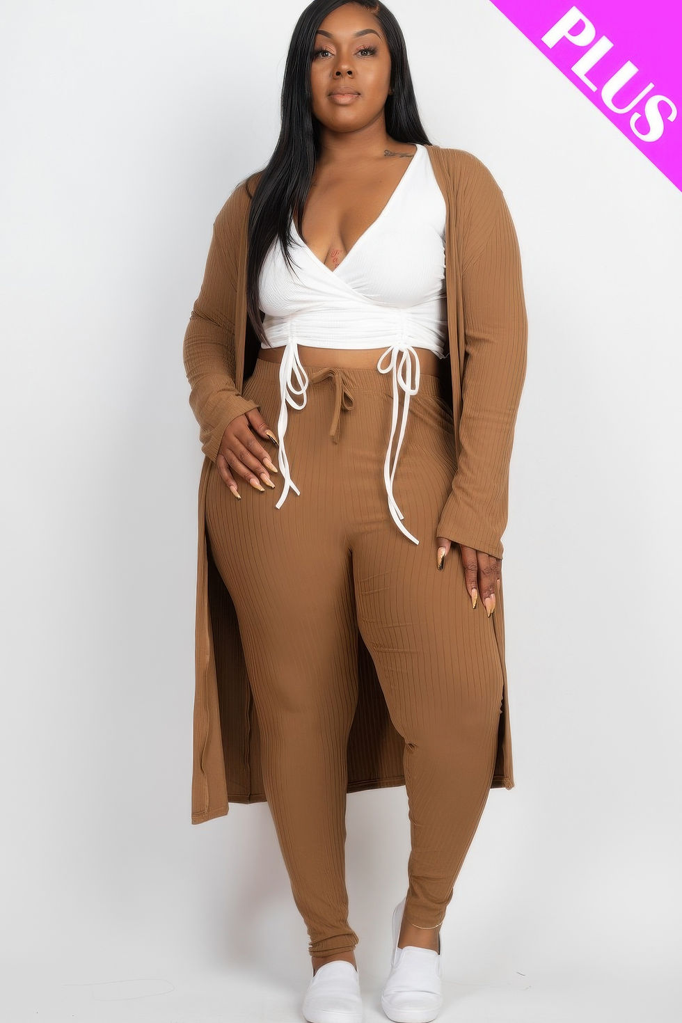 Thumbnail: Plus Size Ribbed Long Cardigan & Leggings Set