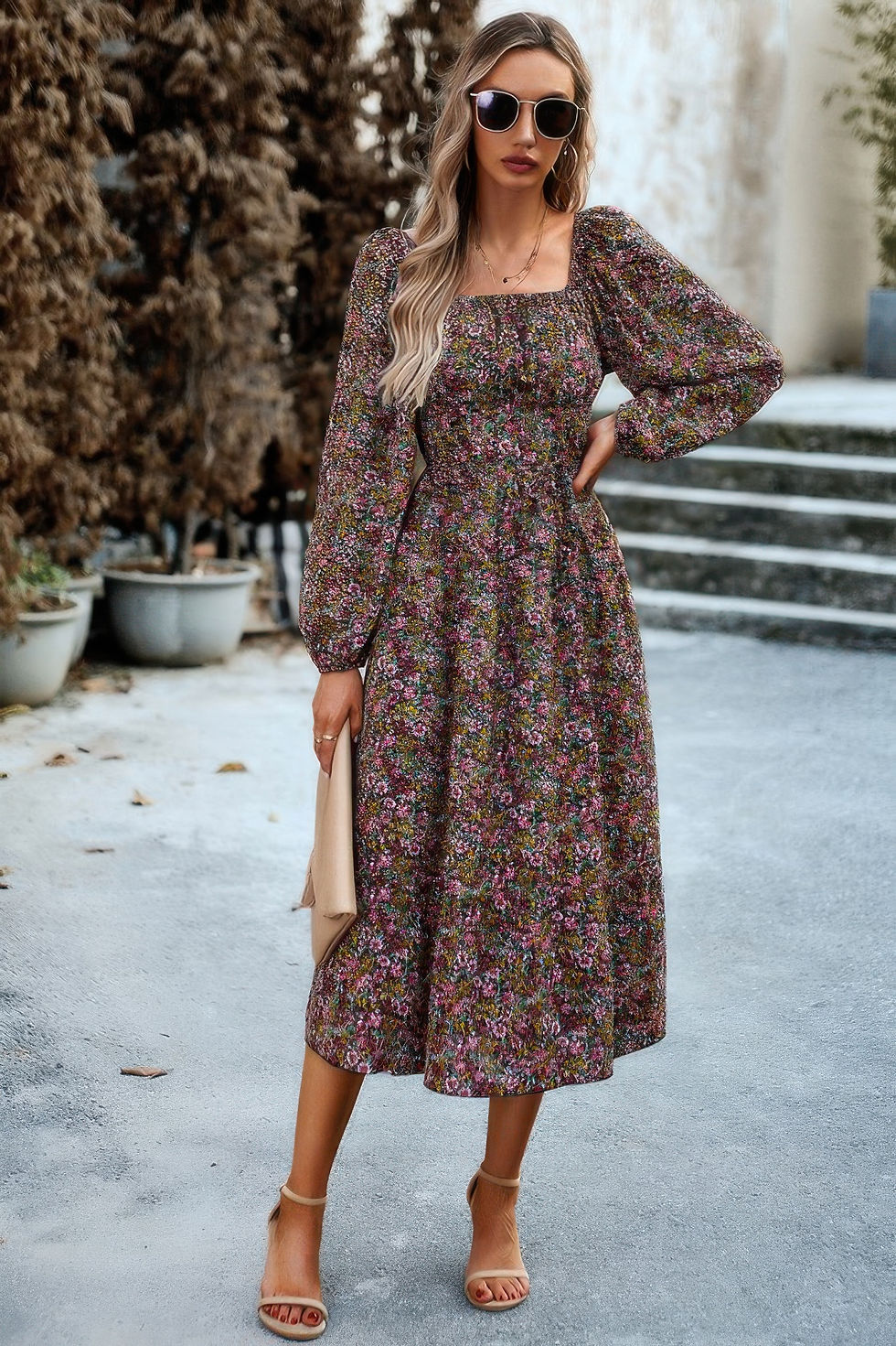 Thumbnail: Floral High Elastic Waist Square Neck Pocket Dress