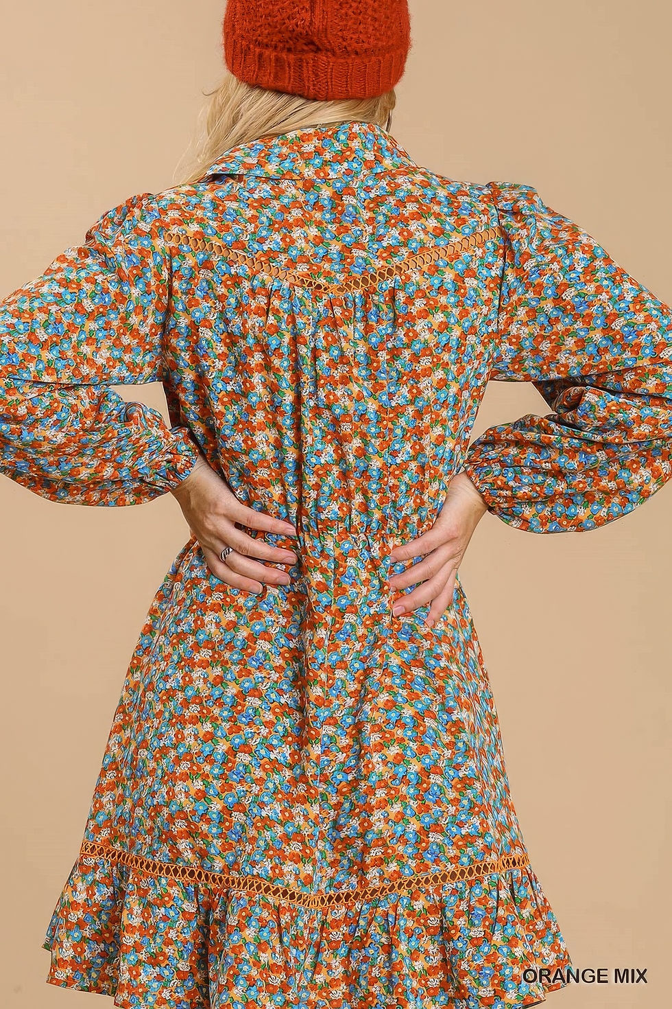 Thumbnail: Collared neckline button down floral print dress with crochet trimmed details