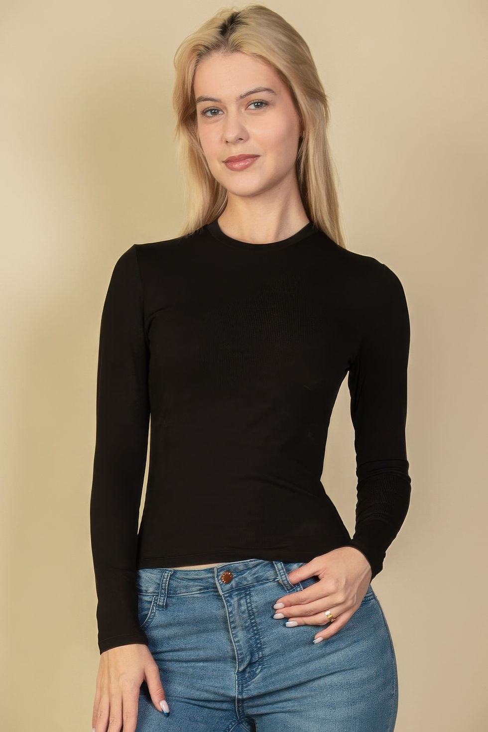 Thumbnail: Ribbed Round Neck Long Sleeve Top