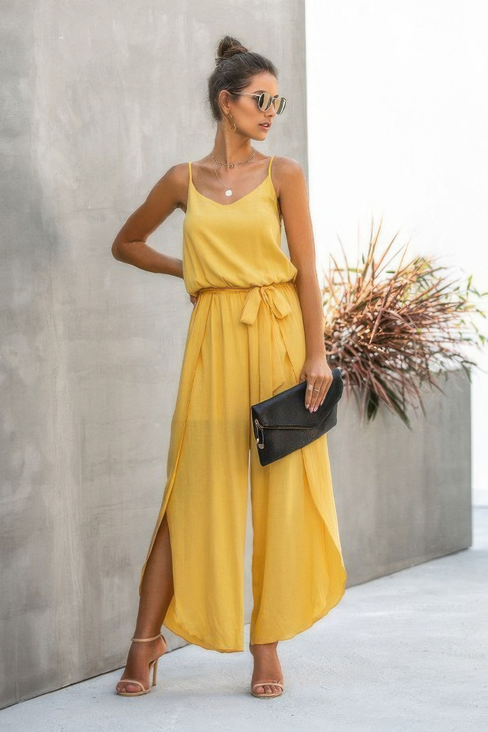 Thumbnail: V Neck Suspenders Wide Leg Side Slit Jumpsuit