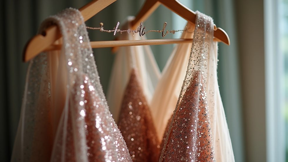 Close-up view of a sparkling sequin party dress hanging on a hanger