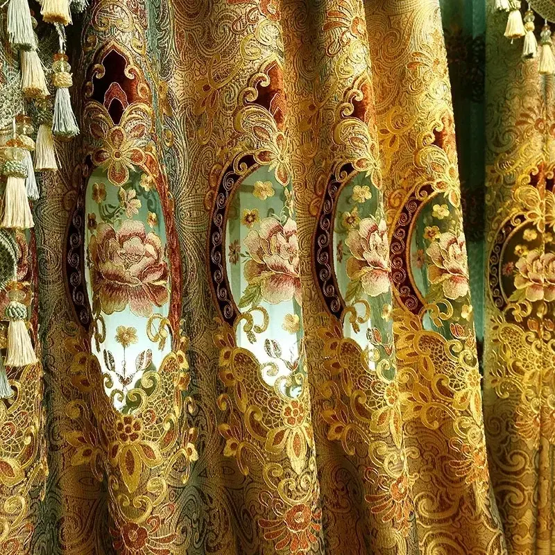 Thumbnail: Gold Gilded Embroidered Hollowed Out Velvet Curtains for Bedroom Curtains 