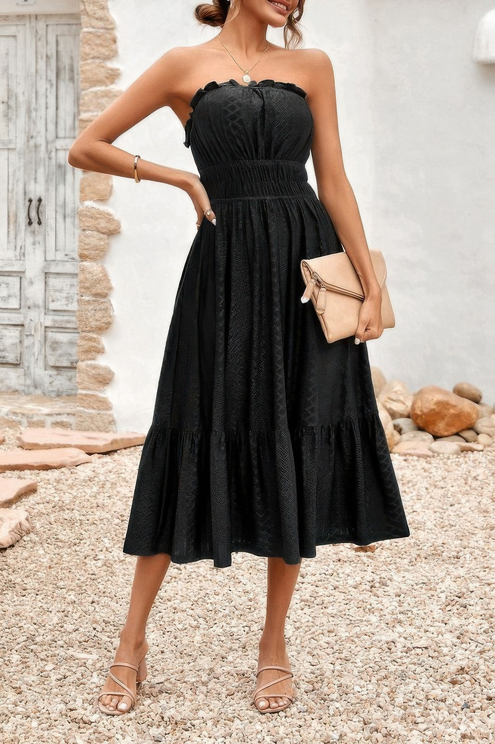 Thumbnail: Solid Off Shoulder Elasit Waist Ruffle Dress