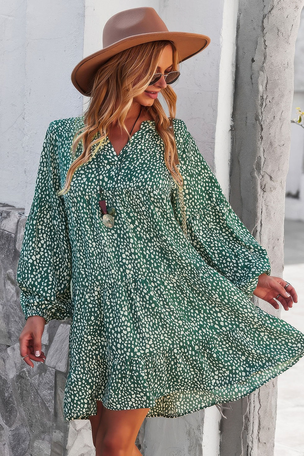 Thumbnail: V Neck Drop Shoulder Cheetah Print Tunic Dress