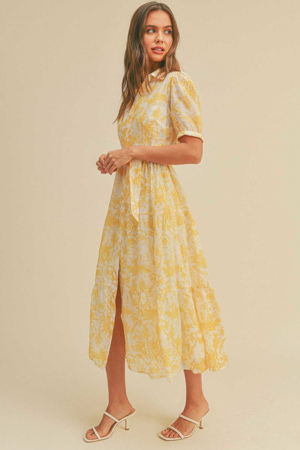Thumbnail: Button closure waist belt puff sleeve dress