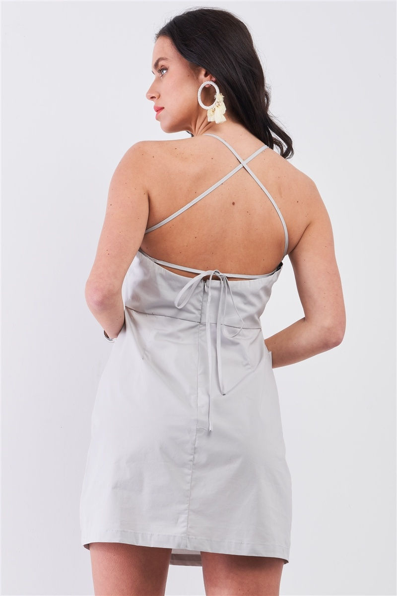 Thumbnail: Light Grey Cotton Sleeveless Back Criss Cross Straps Square Neck Side Pocket...