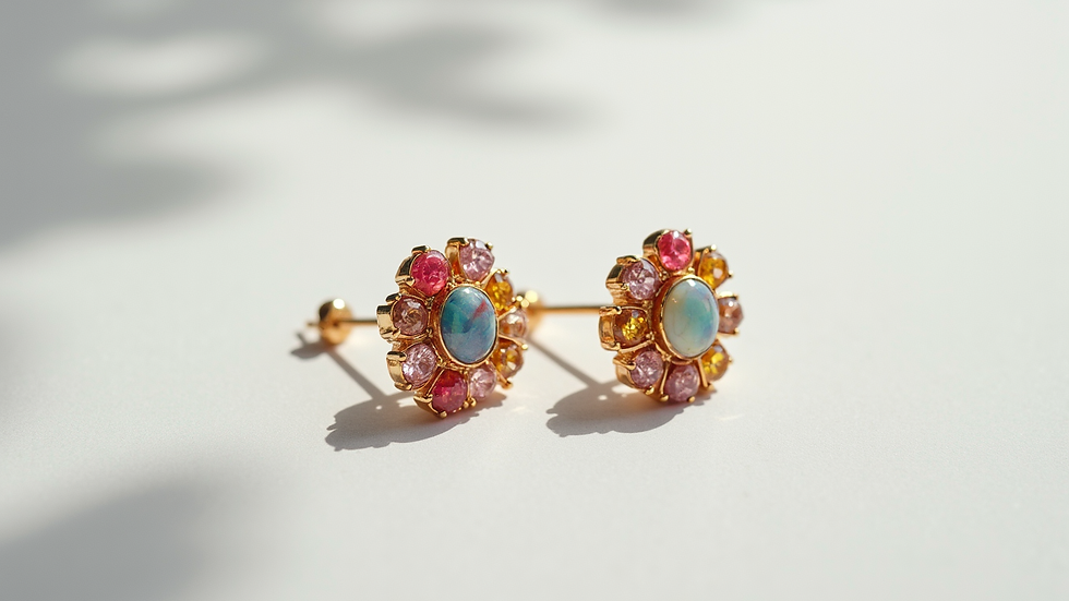 High angle view of colorful statement earrings on a white surface