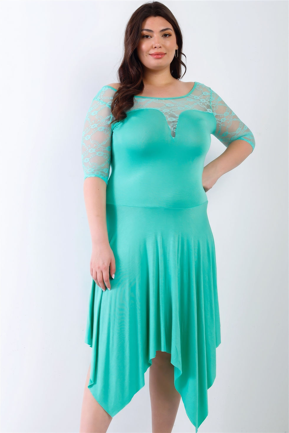 Thumbnail: Plus Mint Lace Details Handkerchief Hem Midi Dress