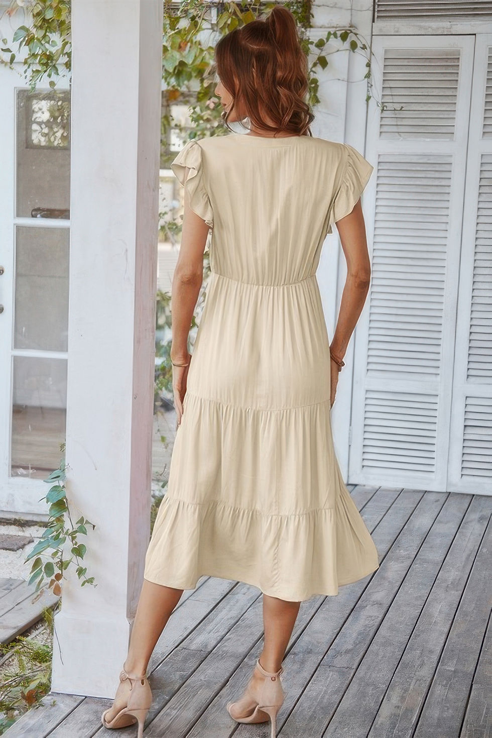 Thumbnail: V Neck Flutter Sleeve Ruffle Hem Layered Dress