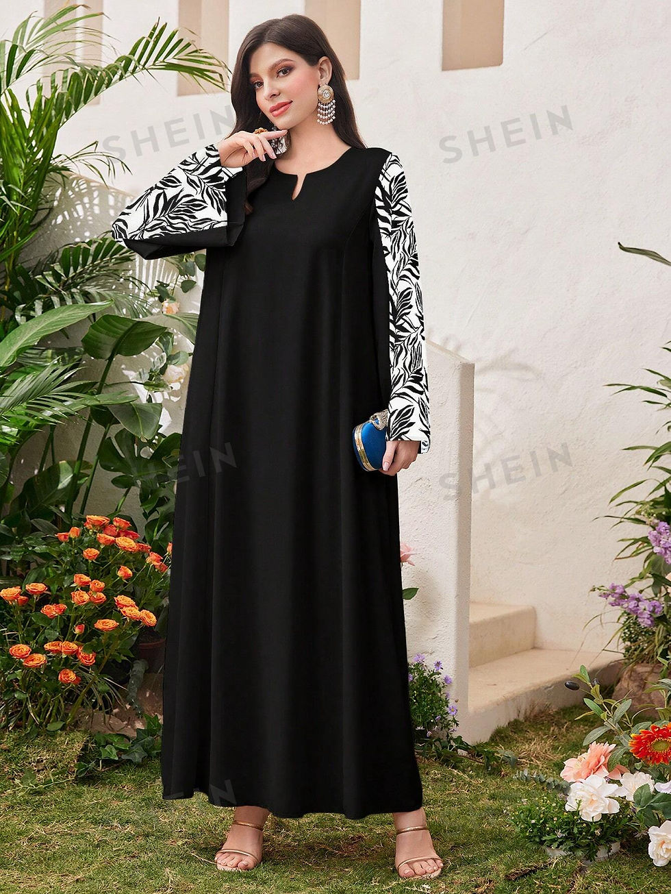 Thumbnail: SHEIN Mulvari Loose Arabian Dress With Notch Collar And Flare Sleeves For Daily
