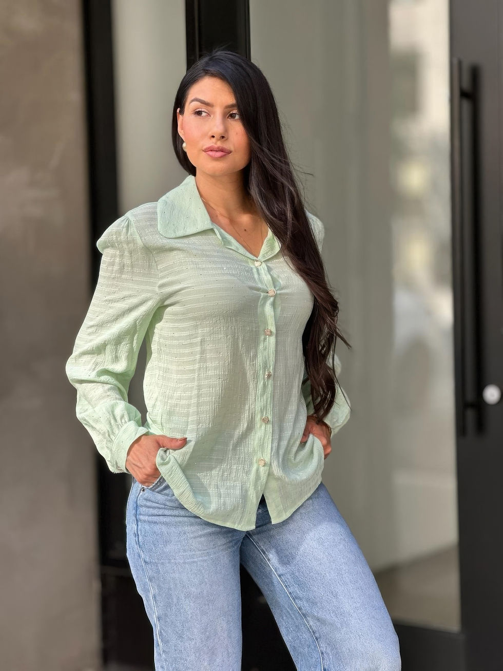 Thumbnail: Collar Button Down Rhine Stone Detail Blouse      