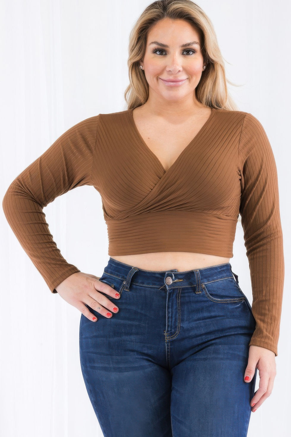 Thumbnail: Plus Size Ribbed Wrap Front Long Sleeve Top