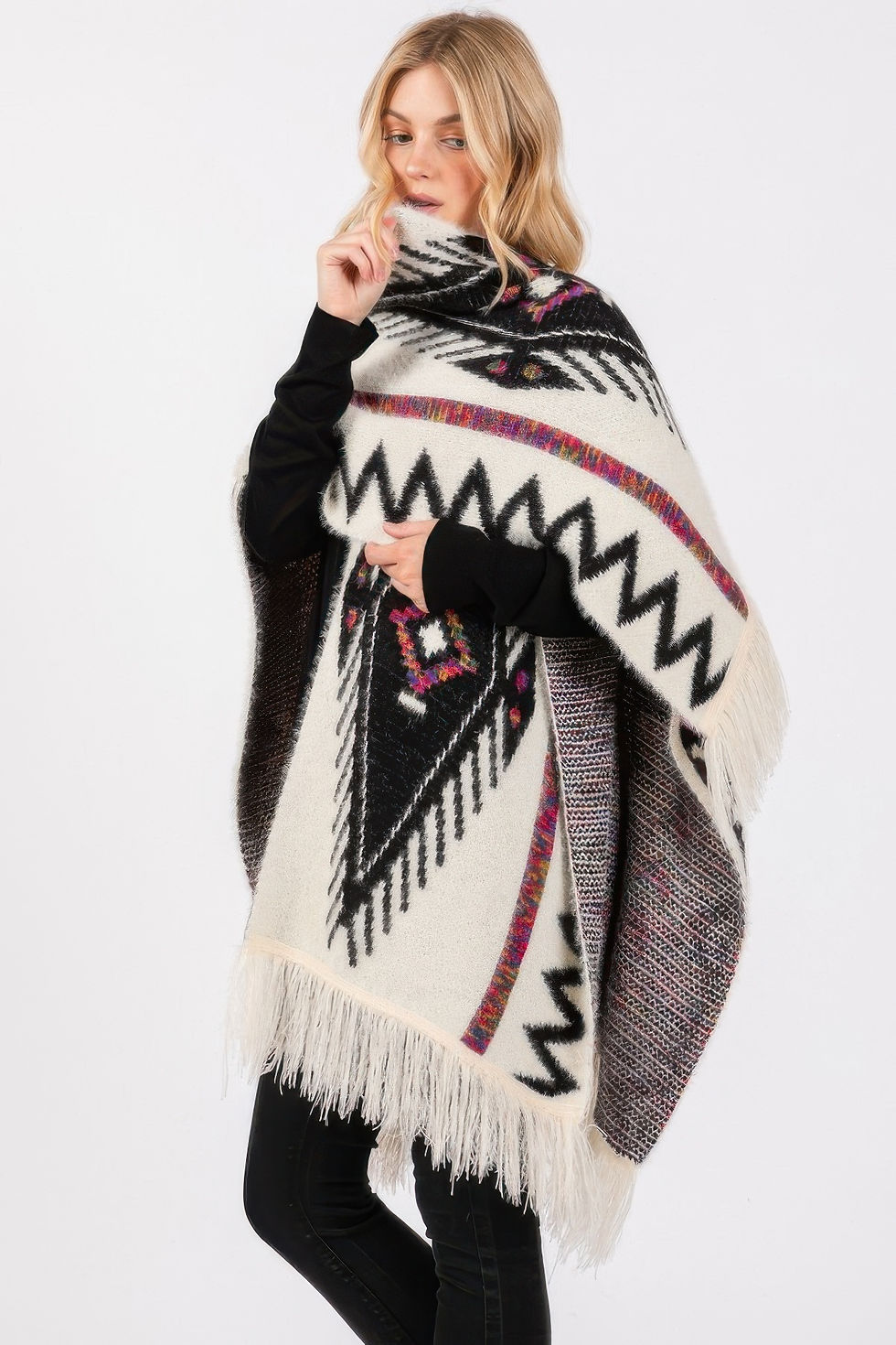 Thumbnail: Fuzzy Aztec Pattern Tassel Knit Ruana