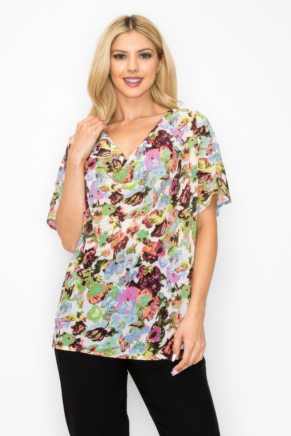 Thumbnail: Sheer Neon Floral Cowl Neck Whimsgoth Relaxed Top       