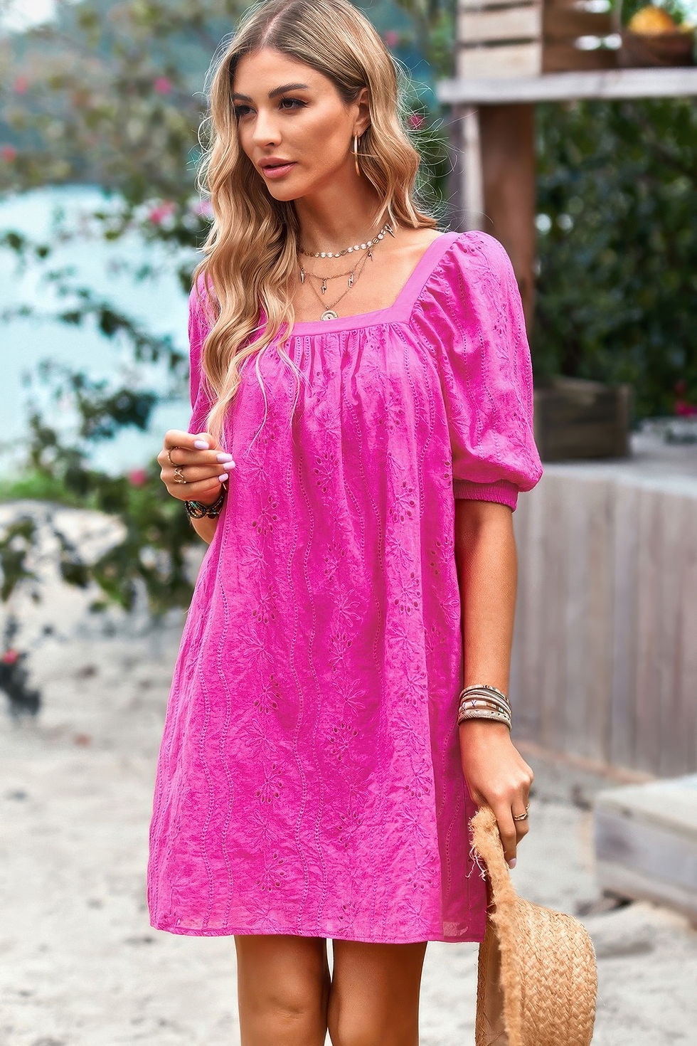 Thumbnail: Square Neck Short Bubble Sleeve Babydoll Dress