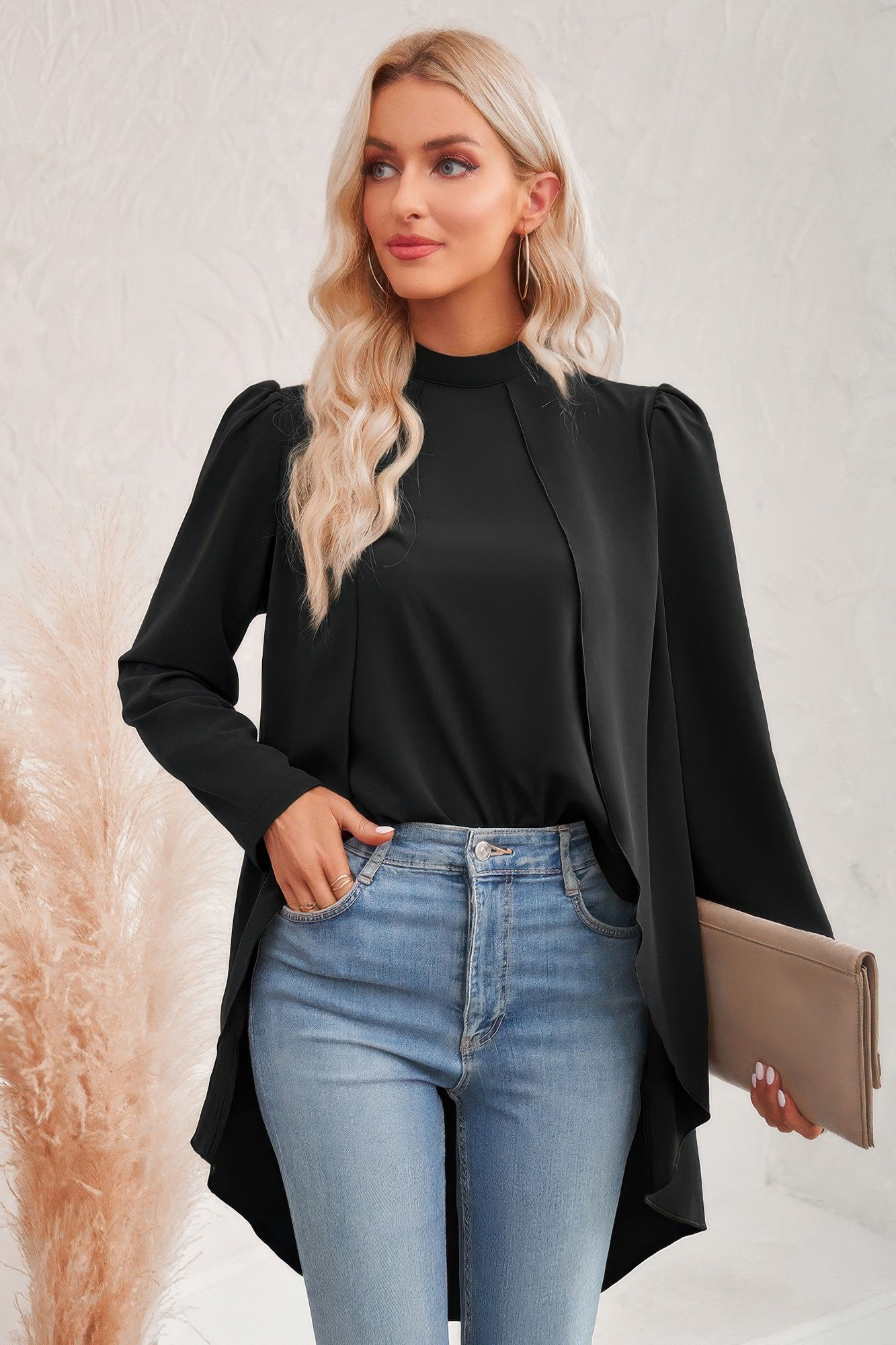 Solid High Low Long Sleeve Blouse