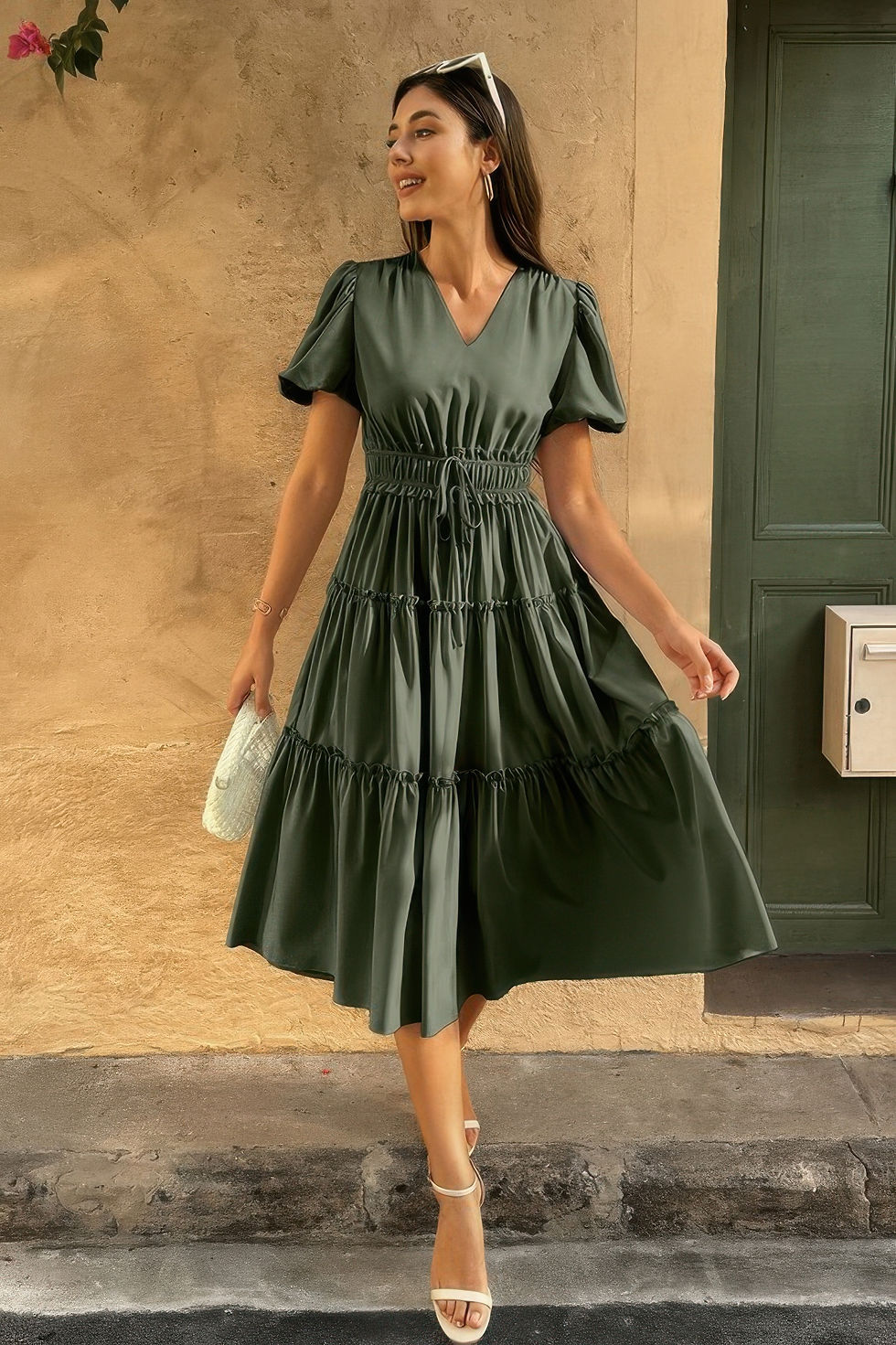 Thumbnail: Solid V Neck Puff Sleeve Elastic Waist Dress
