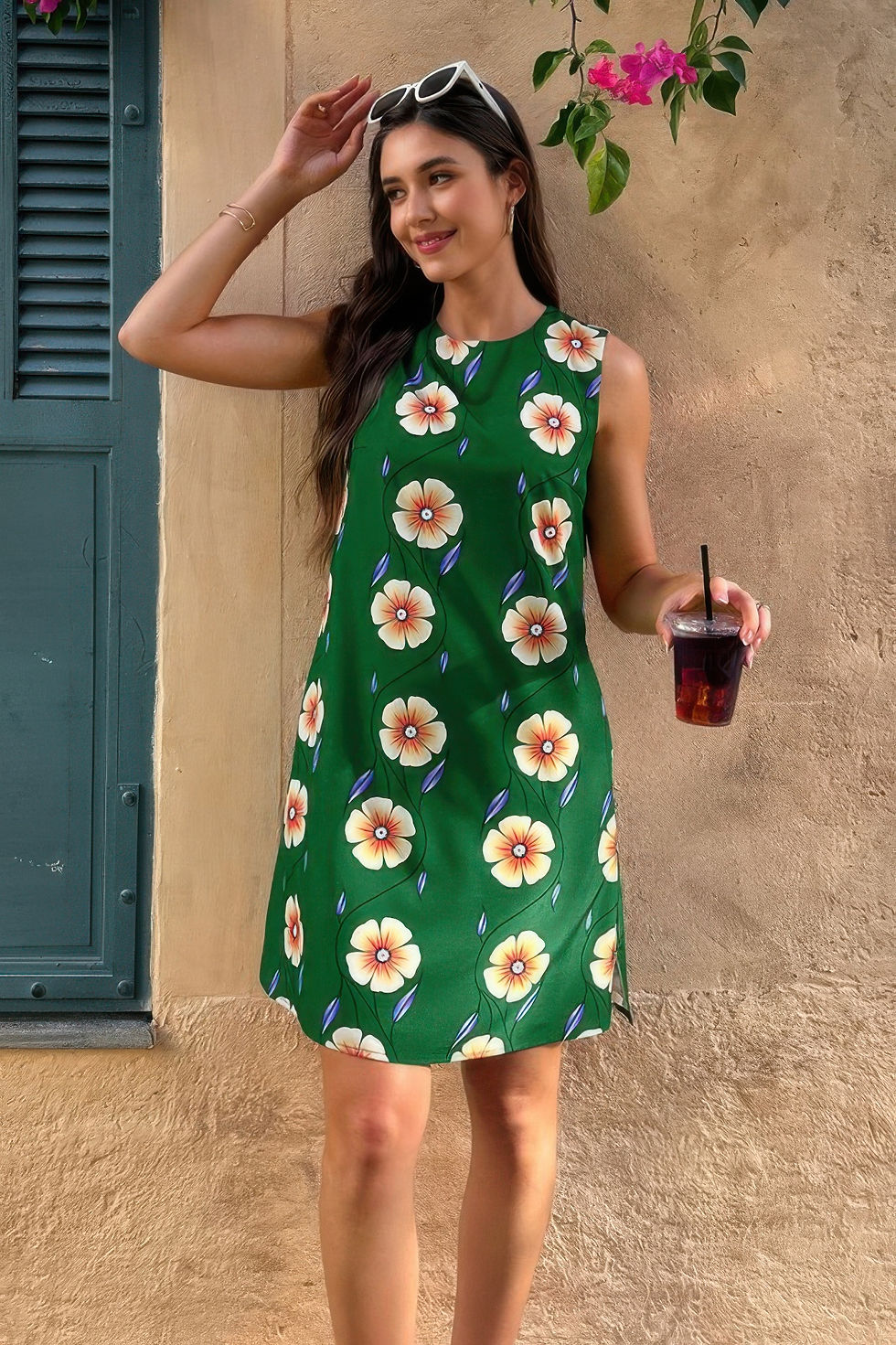 Thumbnail: Round Neck Floral Print Sleeveless Loose Dress