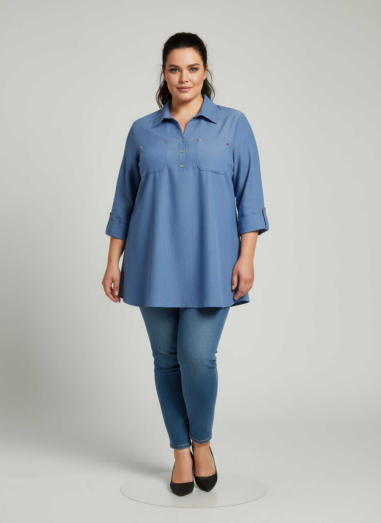 Blush Utility Button Front Roll Sleeve Blouse