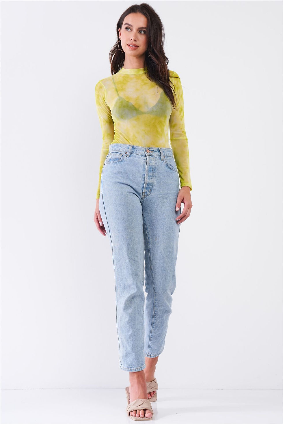 Thumbnail: Neon Green Sexy Sheer Mesh Long Sleeve Mock Neck Bodysuit