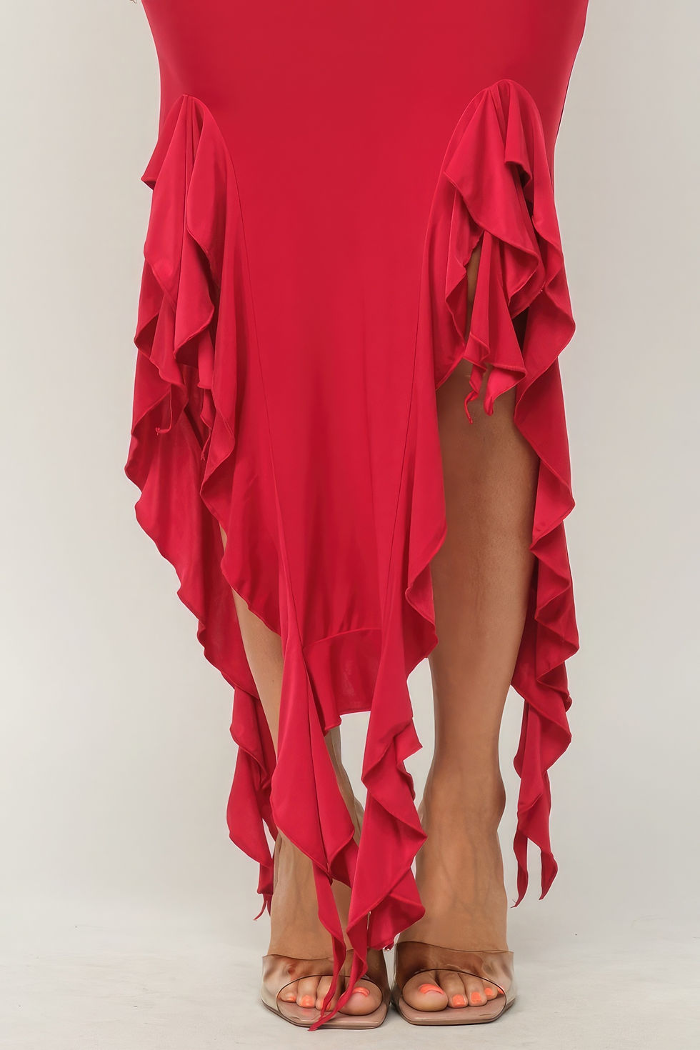 Thumbnail: Solid Bottom Ruffle Trim Hem Slit Tube Maxi Dress