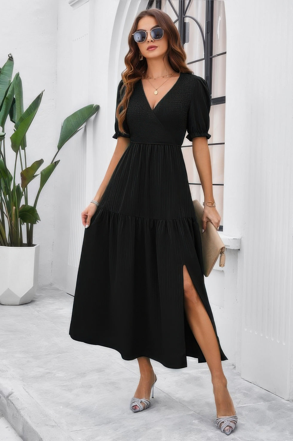 Thumbnail: Solid V Neck Ruched High Waist Puff Sleeve Dress