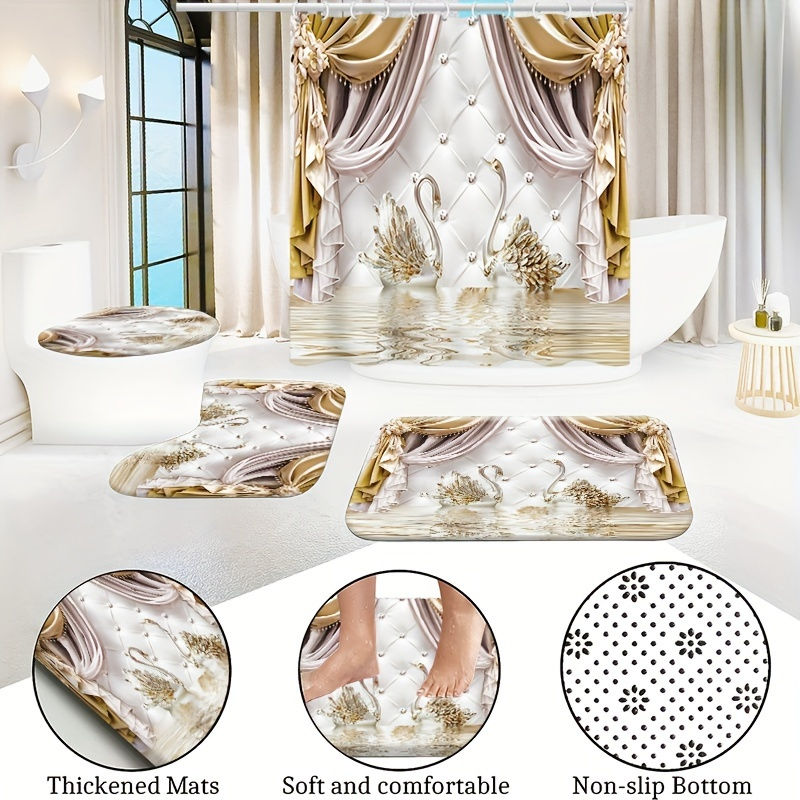 Thumbnail: 4pcs Golden Swan Shower Curtain Ensemble - Stylish Decor for Bathrooms, Complet