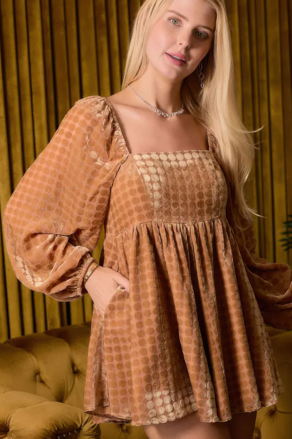 Thumbnail: Velvet Long Sleeve Square Neck Flowy Romper