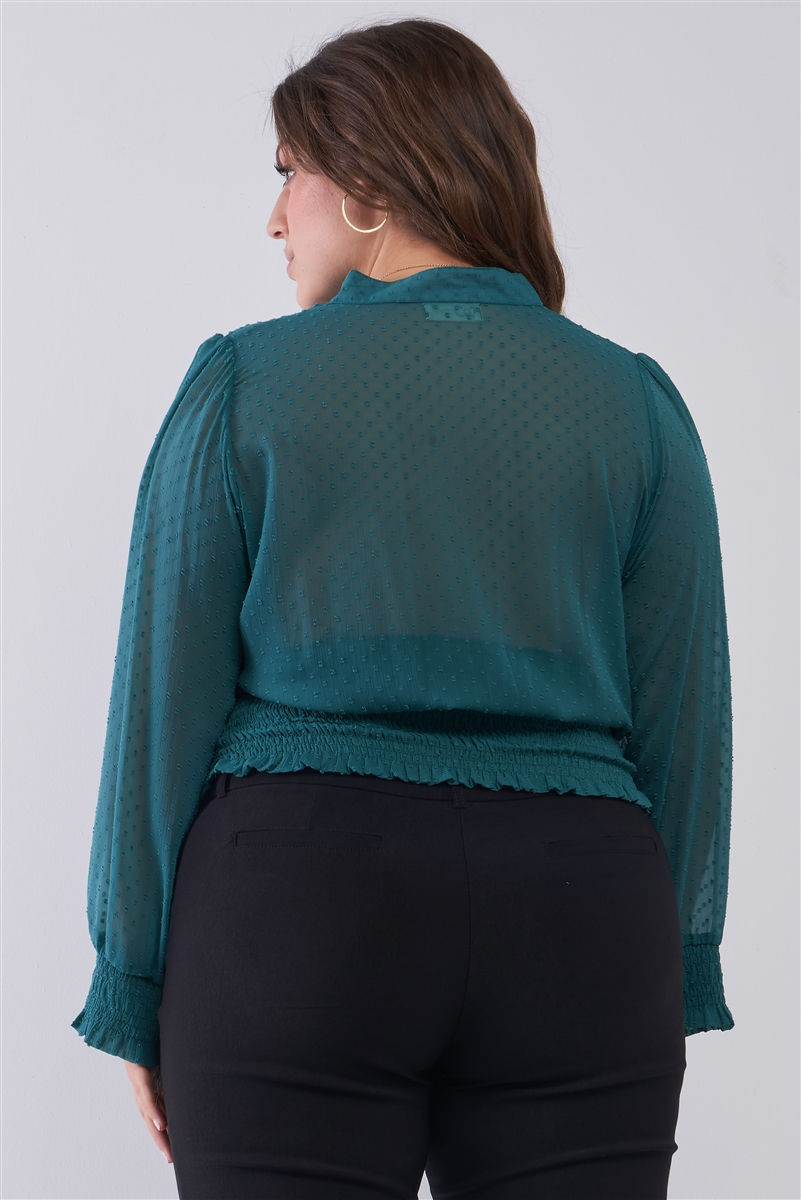 Thumbnail: Plus Size Mesh Polka Dot Balloon Sleeve Button-down Smock Detail Blouse Top