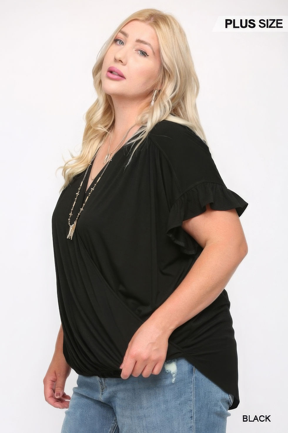 Thumbnail: Solid Viscose Knit Surplice Top With Ruffle Sleeve
