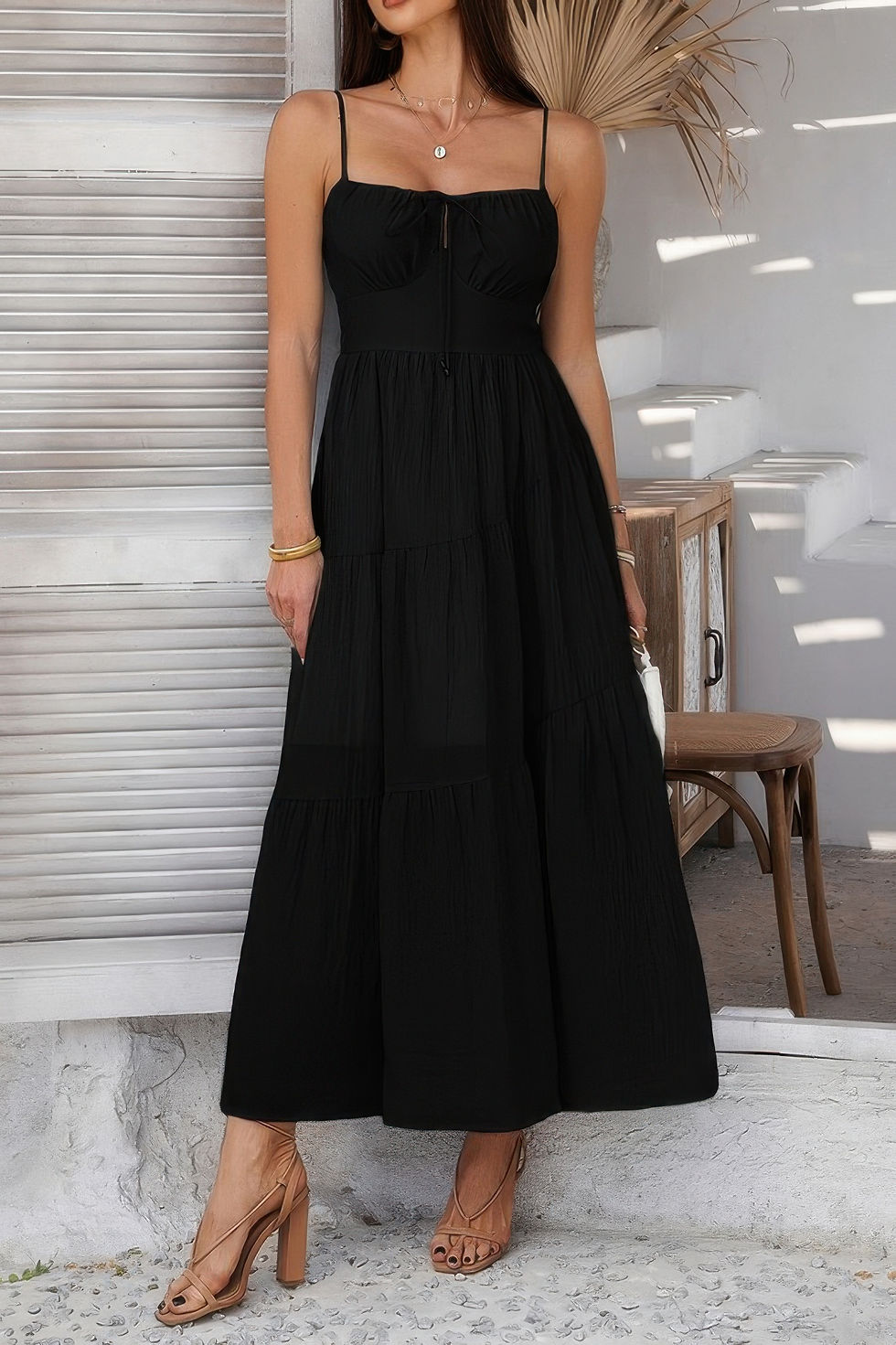 Thumbnail: Solid Sleeveless Smocked Tiered Maxi Cami Dress
