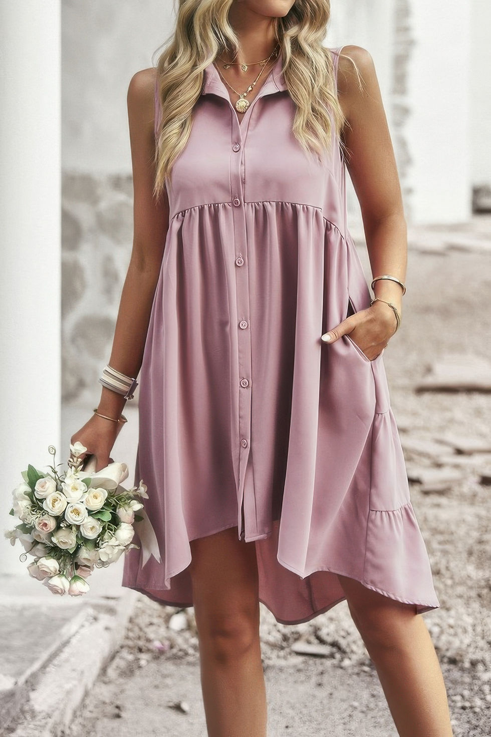 Thumbnail: Sleeveless Solid Peplum Shirt Dress
