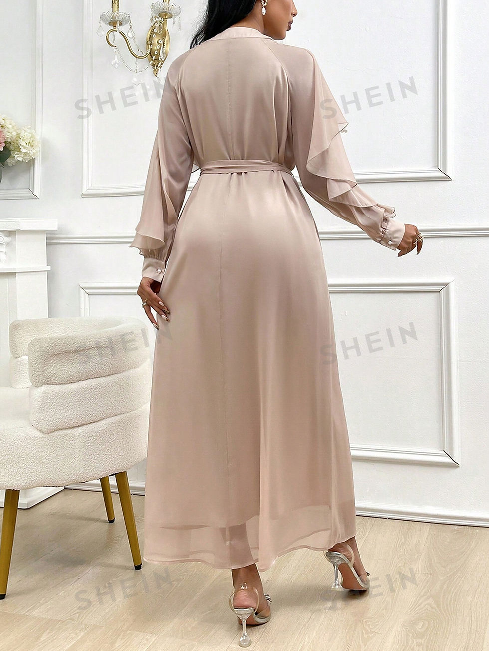 Thumbnail: SHEIN Modely Women's Elegant Long Sleeve Long Arabic Style Dress With Solid Col