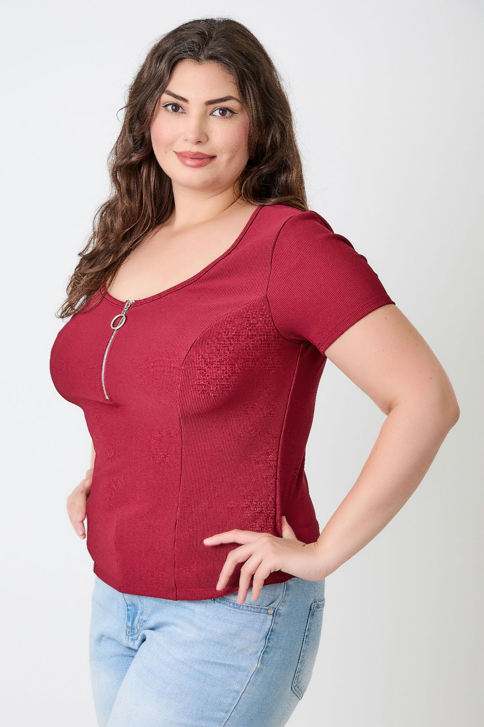 Thumbnail: Plus Size Zip Front Fitted Stretch Top