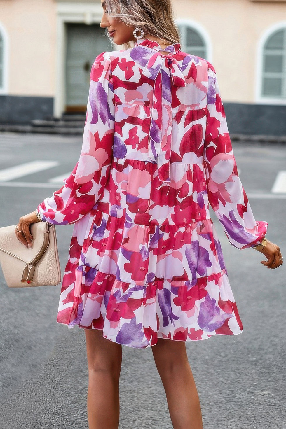 Thumbnail: Color Block Hem Ruffle Printing Loose Fit Midi Dress
