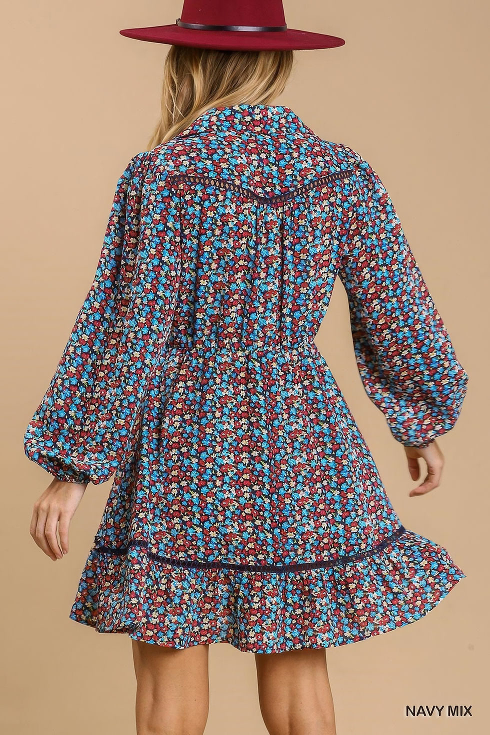 Thumbnail: Collared neckline button down floral print dress with crochet trimmed details