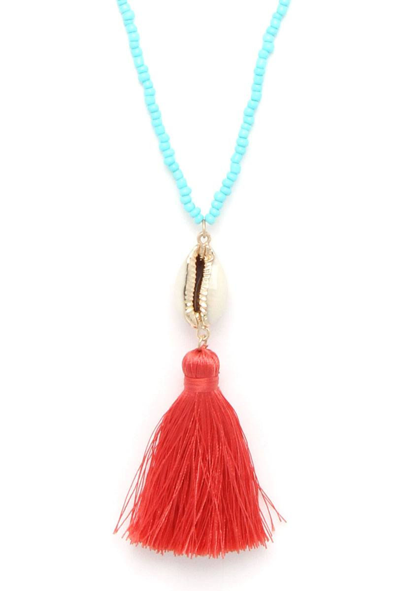 Thumbnail: Cowrie Shell Tassel Beaded Necklace