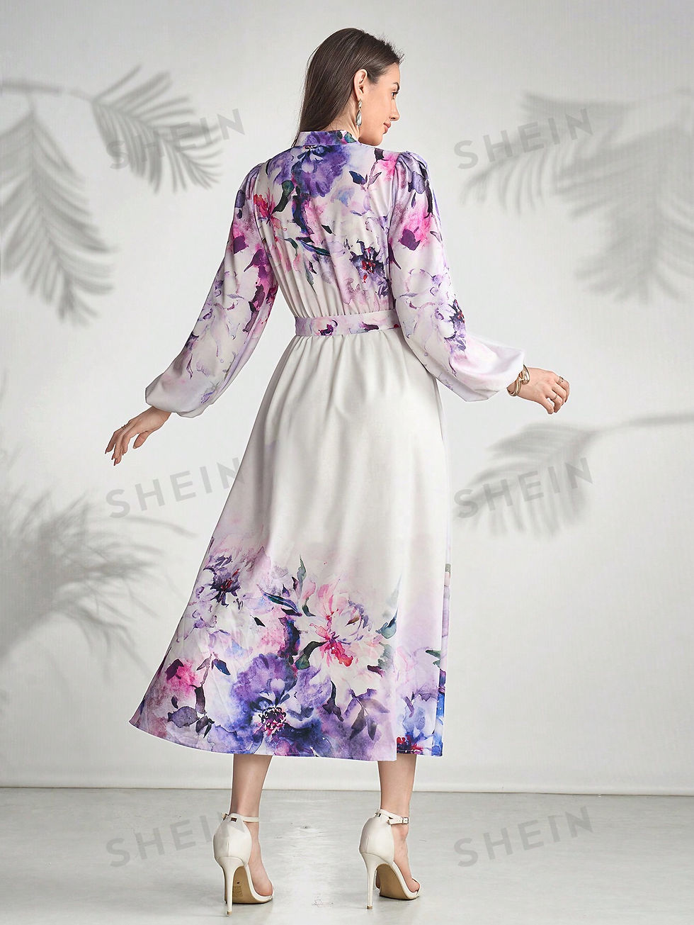 Thumbnail: SHEIN Modely Women's Elegant Flower Printed Lantern Sleeve Cinched Waist Dress,