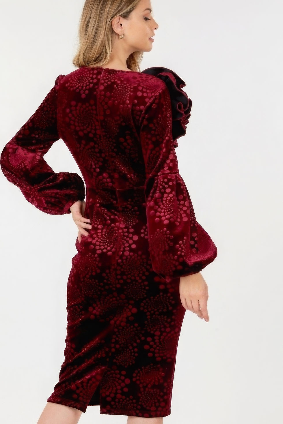 Thumbnail: Flower Patch Flocked Velvet Fitted Midi Dress With Puff Sleeves