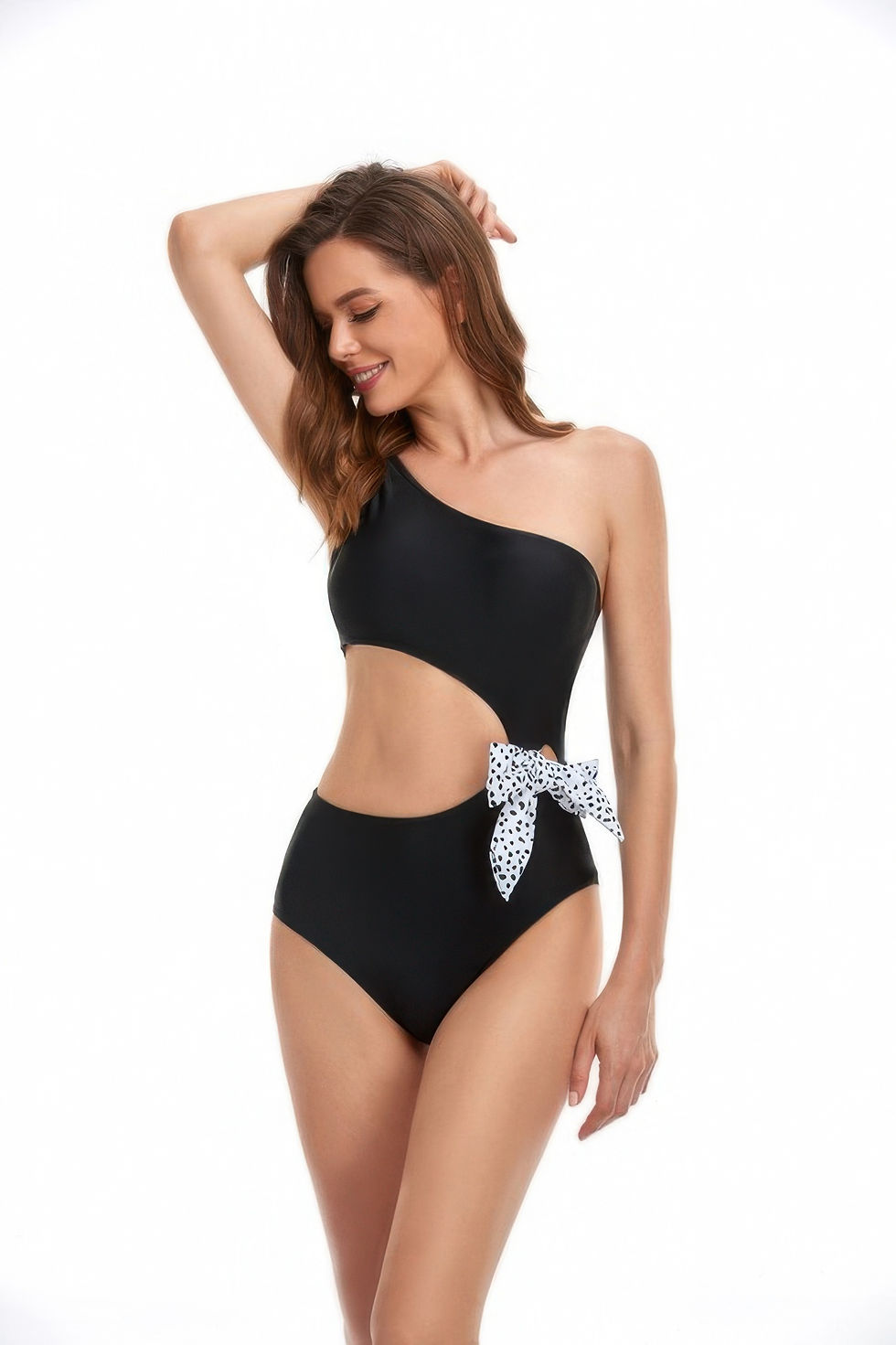 Thumbnail: Solid One Shoulder Cut Out Waist Knot Swimsuit