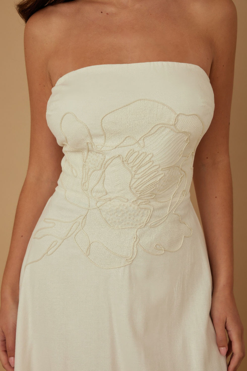 Thumbnail: Flower Lining Linen Pattern Strapless Dress           