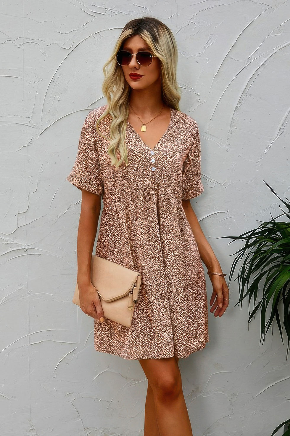 Thumbnail: Button V Neck Short Sleeve Tunic Short Dress