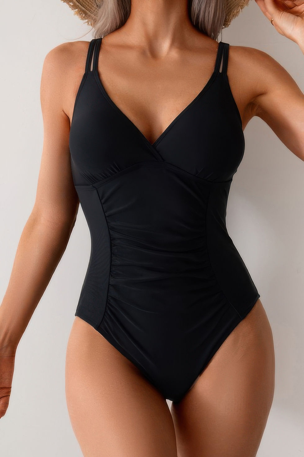 Thumbnail: Solid One Piece Ruched Strappy V Neck Bikini