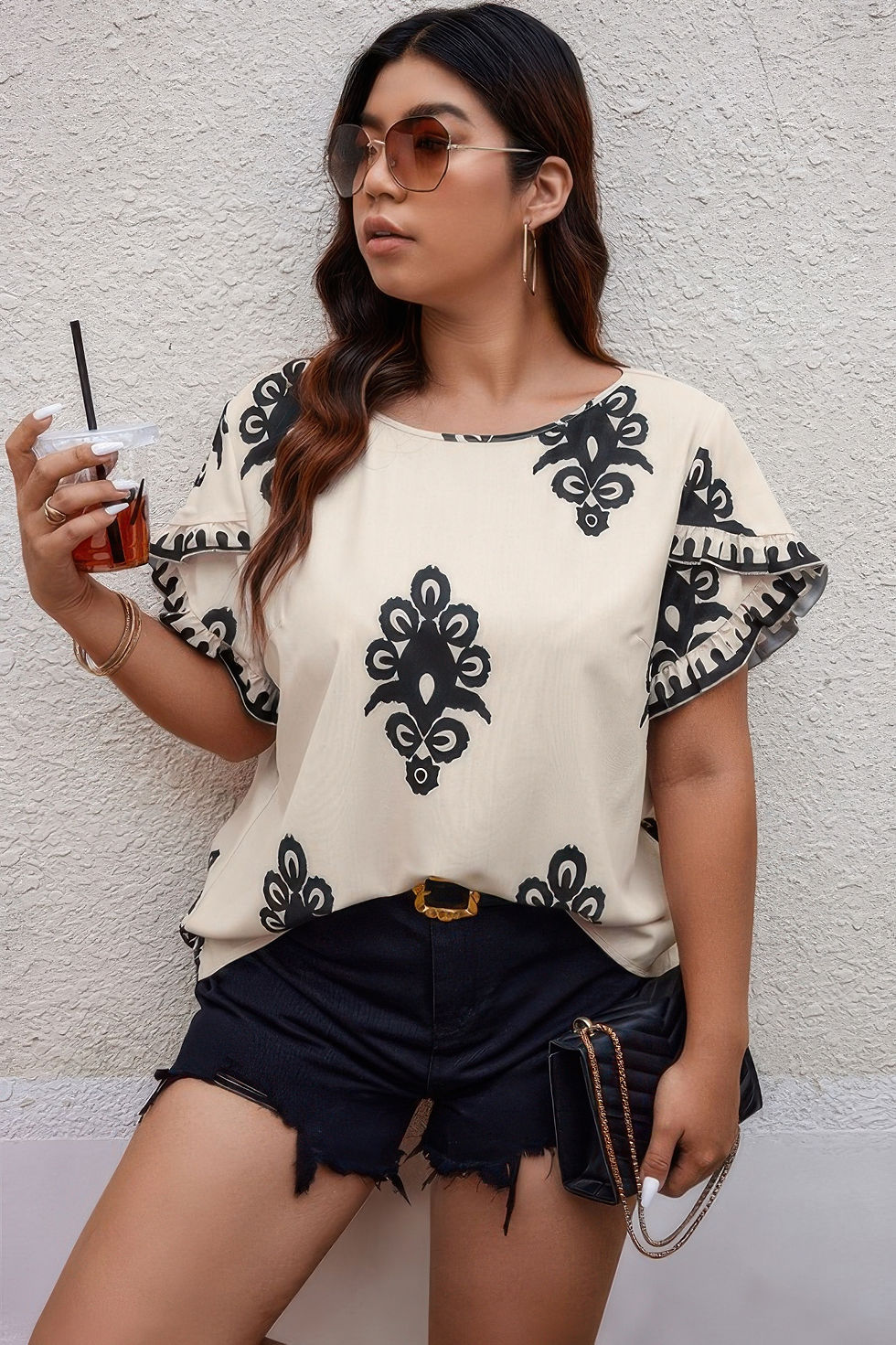 Thumbnail: Plus Printed Ruffle Hem Wide Round Neck Blouse