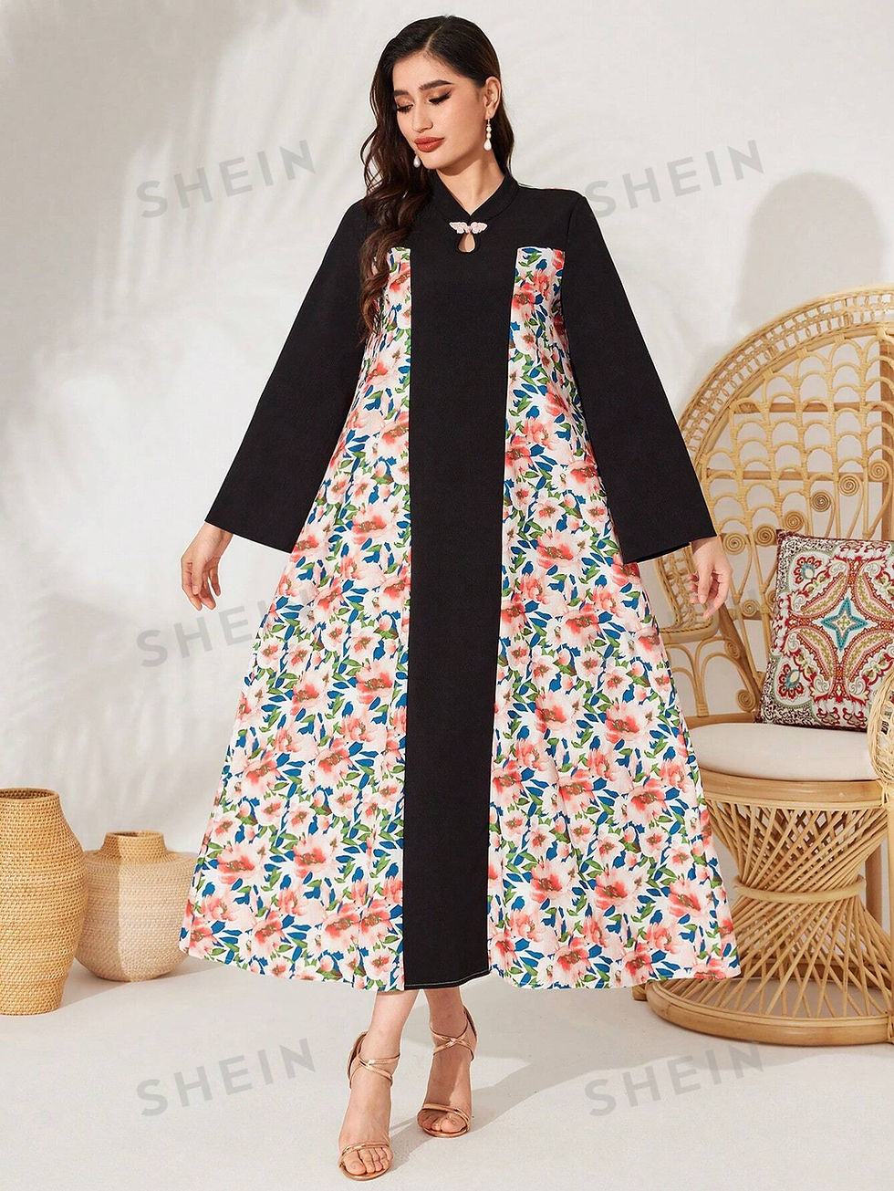 Thumbnail: SHEIN Mulvari Women's Solid Color Lantern Sleeve Shirt Style Arab Long Dress Wi