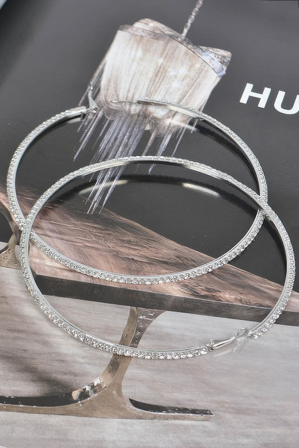 Thumbnail: 10cm Double Rhinestone Hoop Earrings