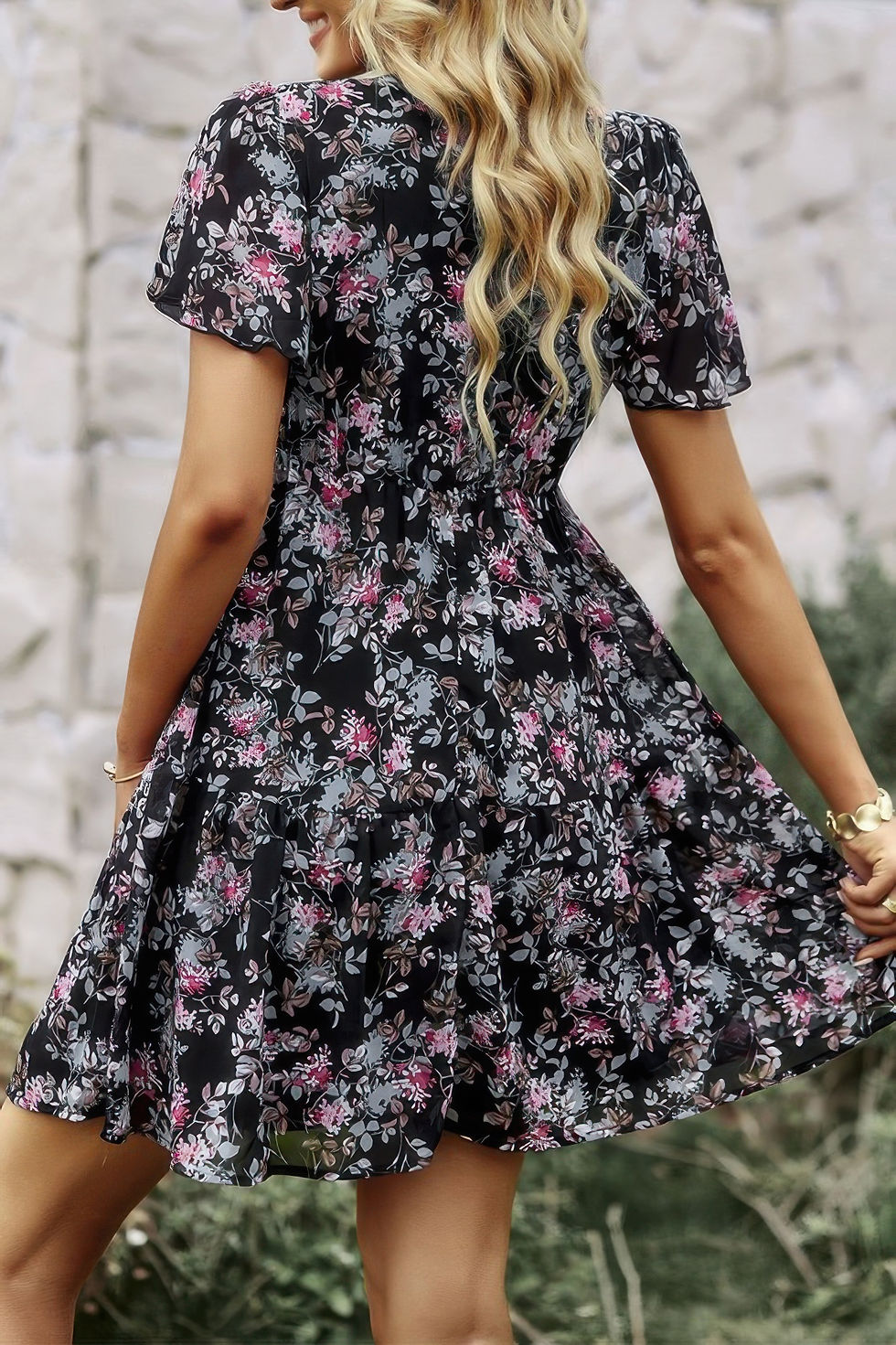 Thumbnail: V Neck Bohemian Floral Print A Line Fit Dress
