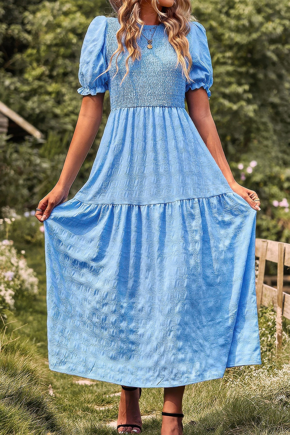Thumbnail: Pleated Tiered Solid Short Puff Sleeve A Line Dres