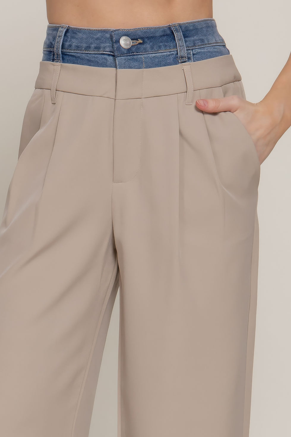 Thumbnail: Contrast Denim Waist Straight Long Pants       
